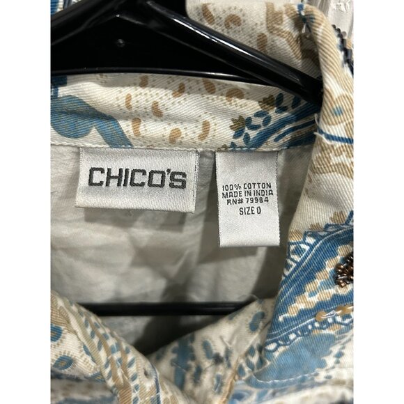Chicos Paisley Print Cotton Jacket Womens Size S Button Front Beige Blue - Picture 5 of 10